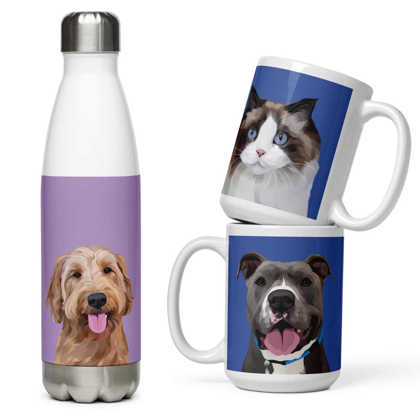 Custom Pet Portrait Mugs, Tumblers, and Water Bottles