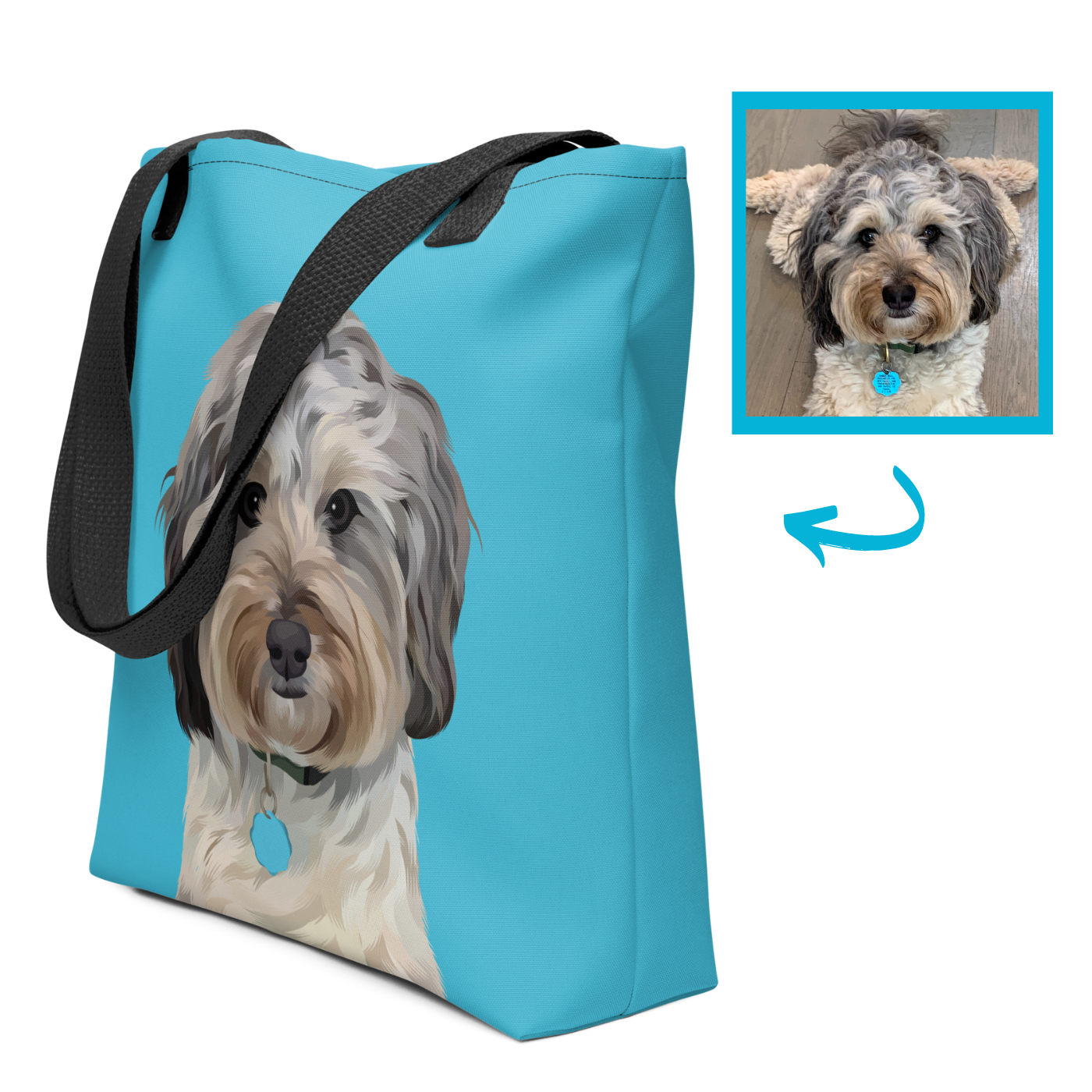 Add Your Dog Portrait and Name Custom Tote - Black Bleach Design