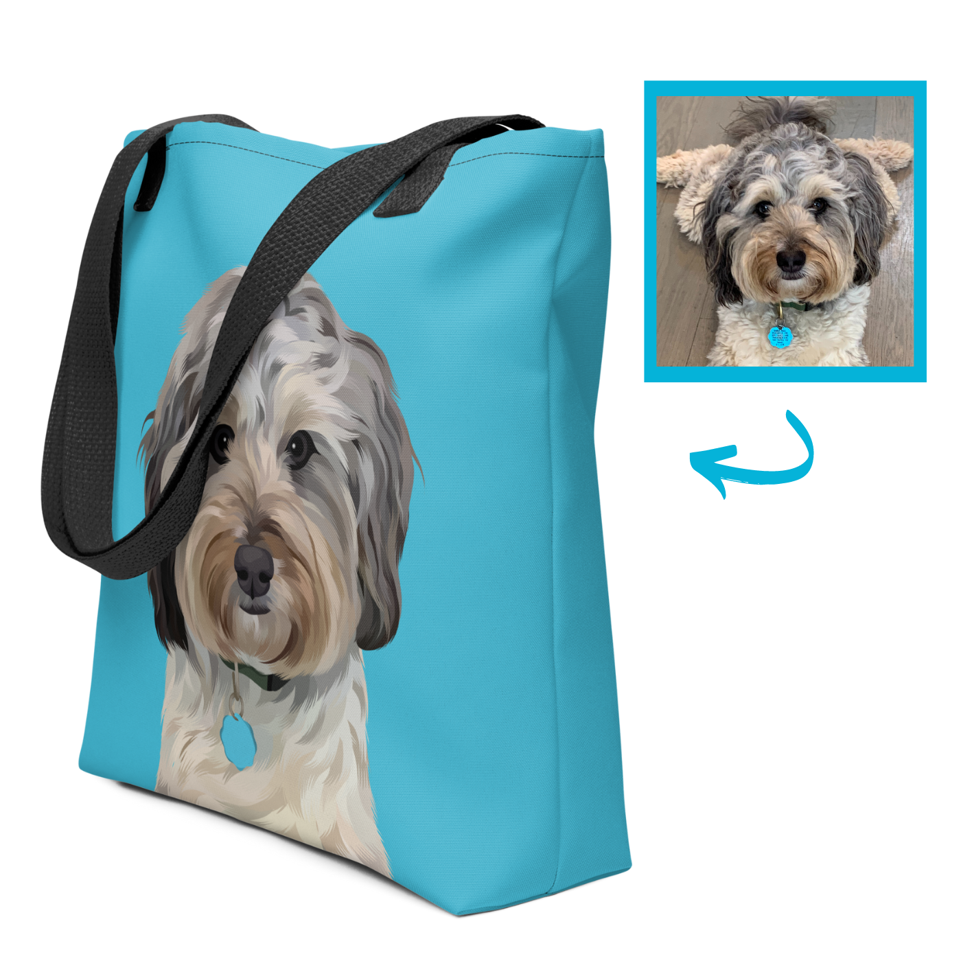 Our Custom Dog Tote Bags and Custom Cat Tote Bags are the best gifts for dog lovers and cat lovers! We take a pet's photo, create a custom pet portrait, and create a cherry and fun tote one-of a kind tote bag. 