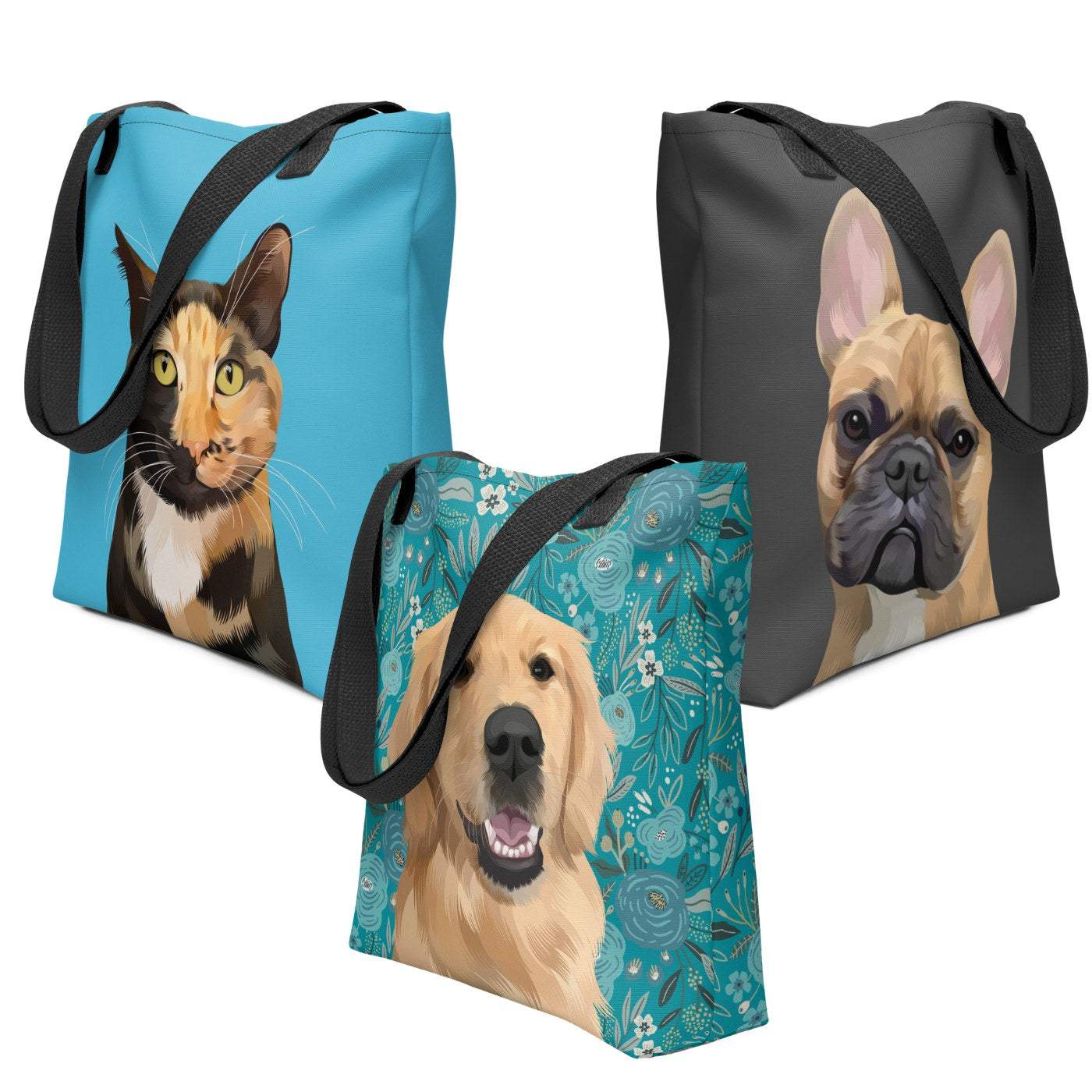 Our Custom Dog Tote Bags and Custom Cat Tote Bags are the best gifts for dog lovers and cat lovers! We take a pet's photo, create a custom pet portrait, and create a cherry and fun tote one-of a kind tote bag.