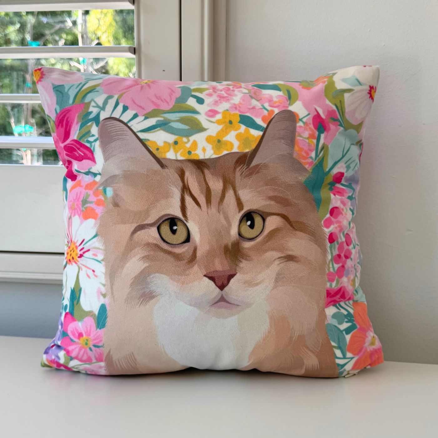 Custom Pet Portrait Pillow - Faux Suede - Fresh Florals