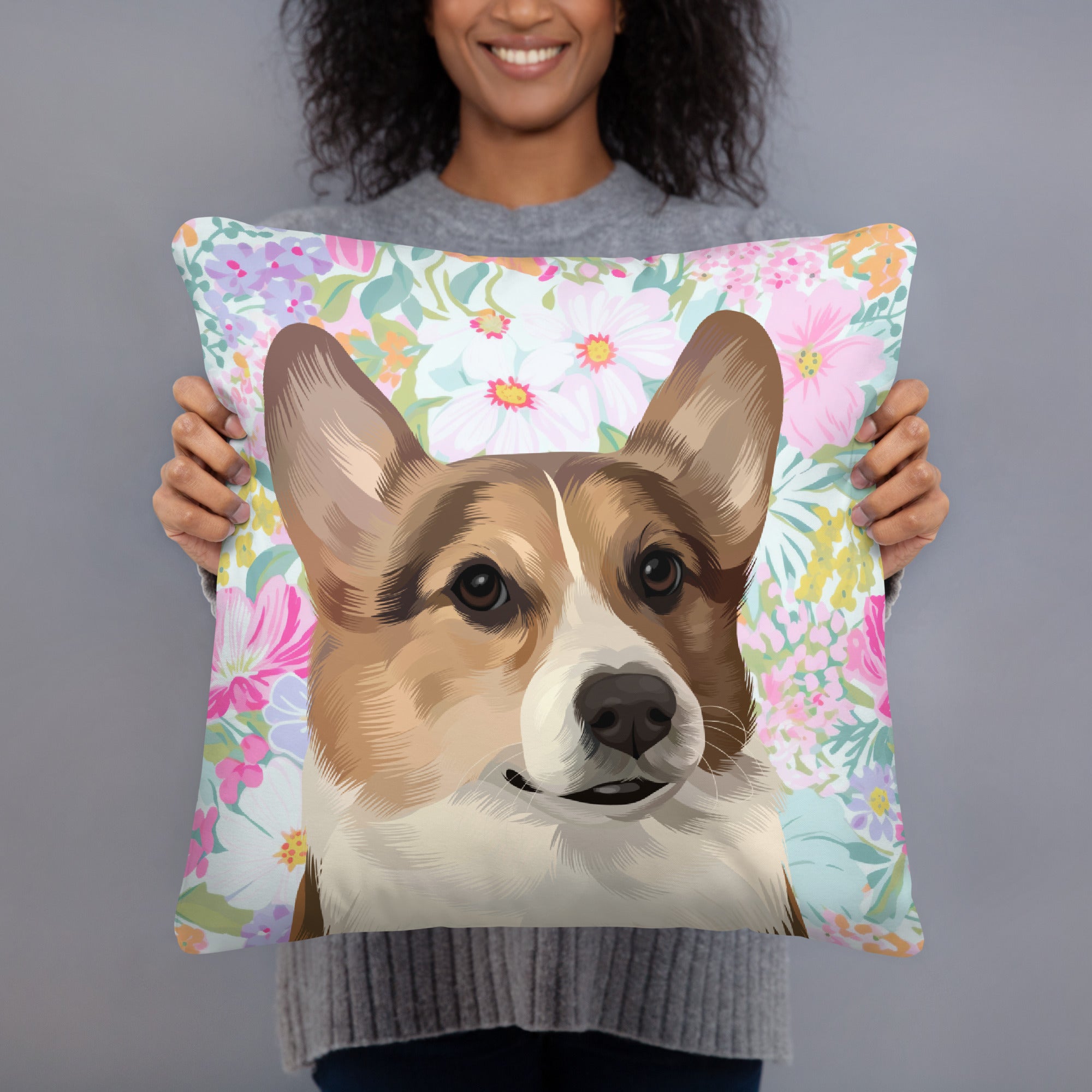 Custom Pet Portrait Pillow - Faux Suede - Fresh Florals
