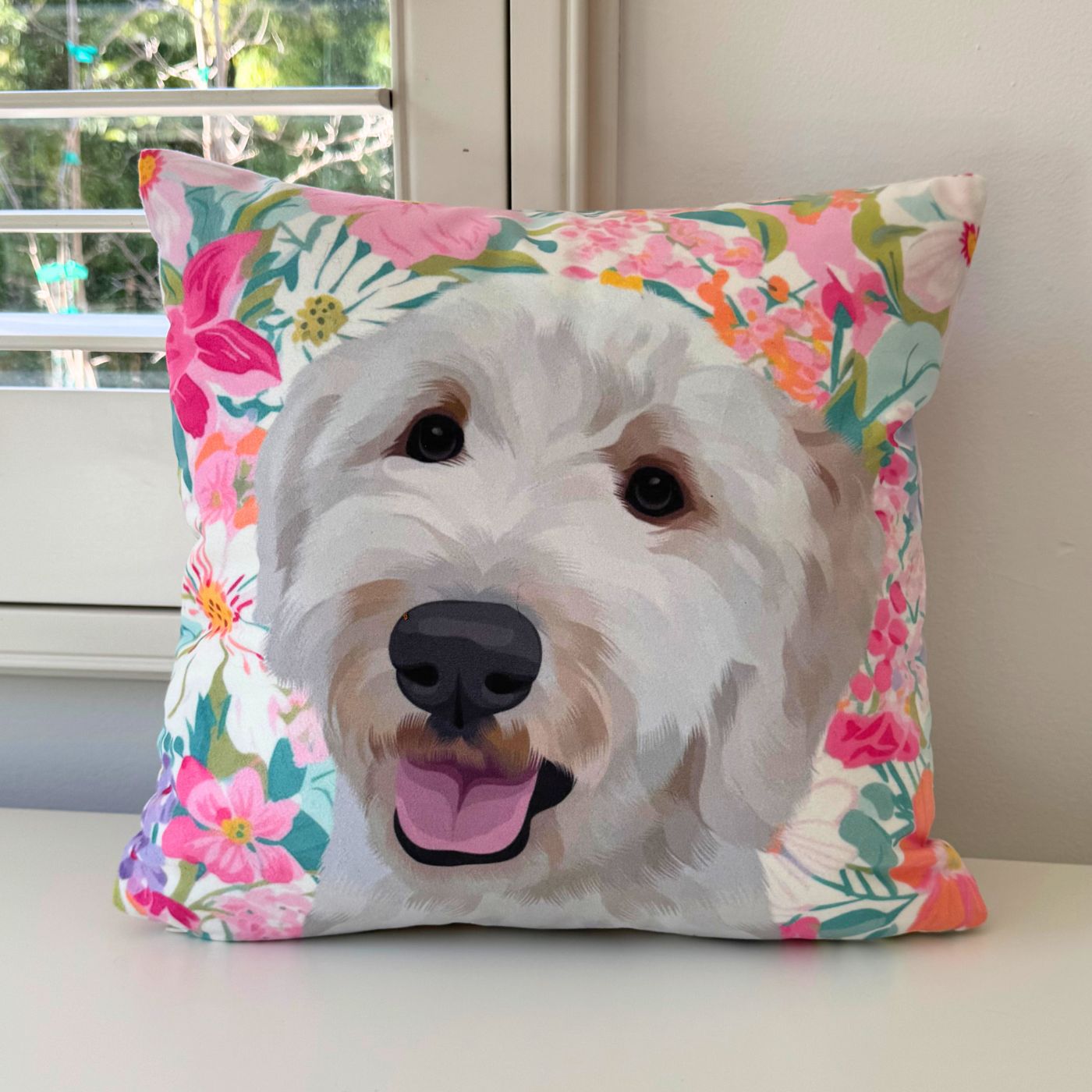 Custom Pet Portrait Pillow - Faux Suede - Fresh Florals