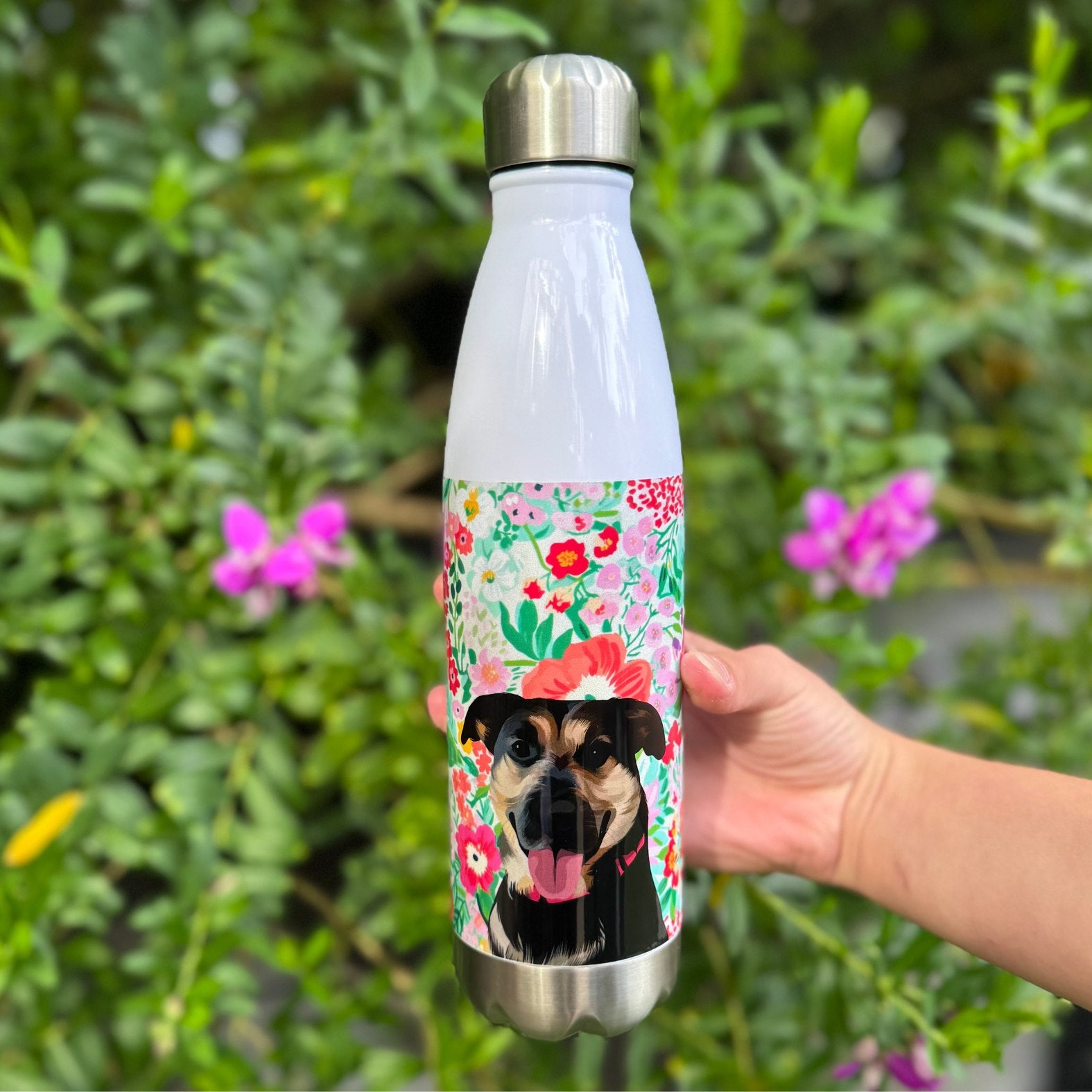 Custom Pet Portrait Water Bottle - Florals - NEW!