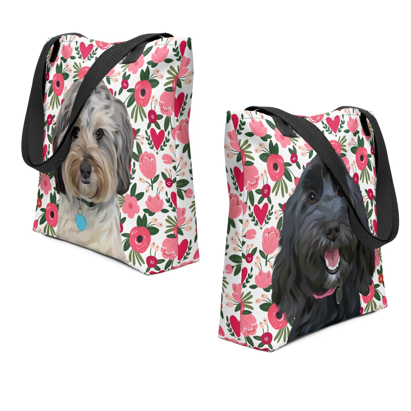 Custom Pet Portrait Tote Bag and Matching Dog Bandana - Hearts