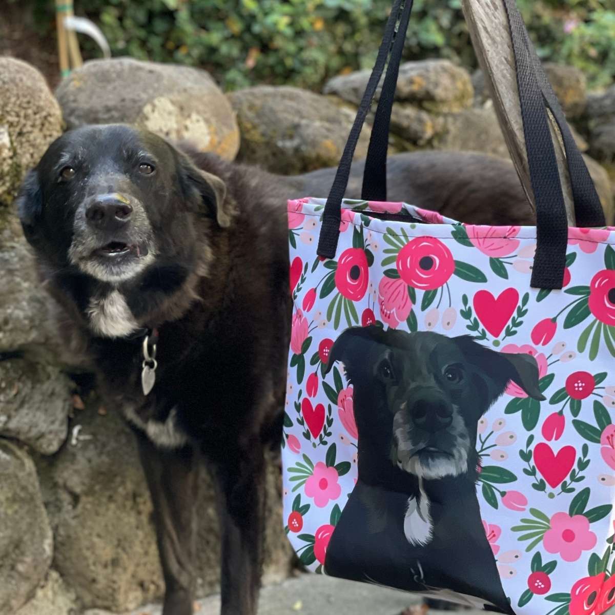 Custom Pet Portrait Tote Bag and Matching Dog Bandana - Hearts