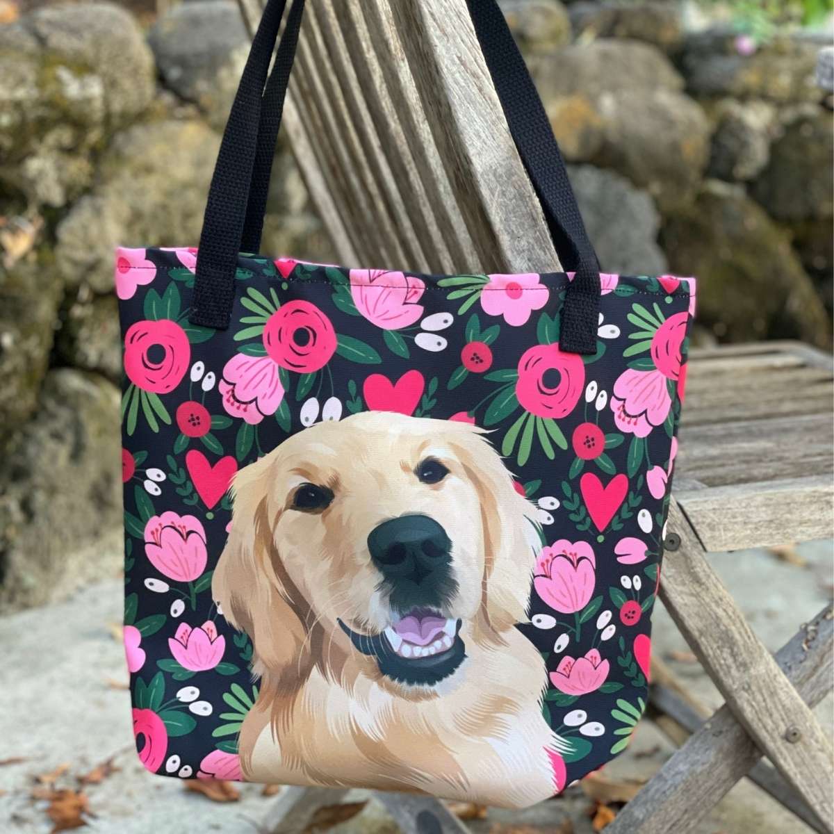 Custom Pet Portrait Tote Bag and Matching Dog Bandana - Hearts