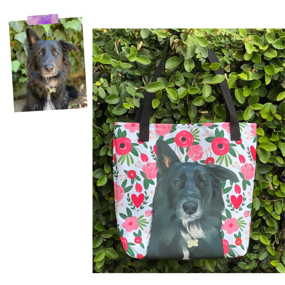 Custom Pet Portrait Tote Bag and Matching Dog Bandana - Hearts