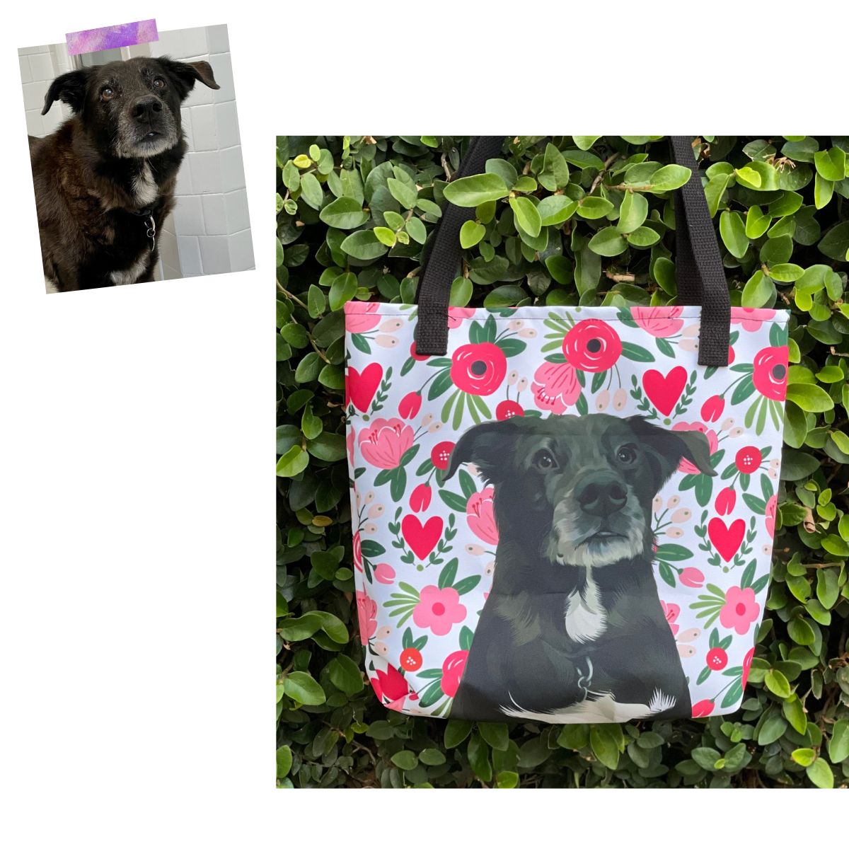 Custom Pet Portrait Tote Bag and Matching Dog Bandana - Hearts