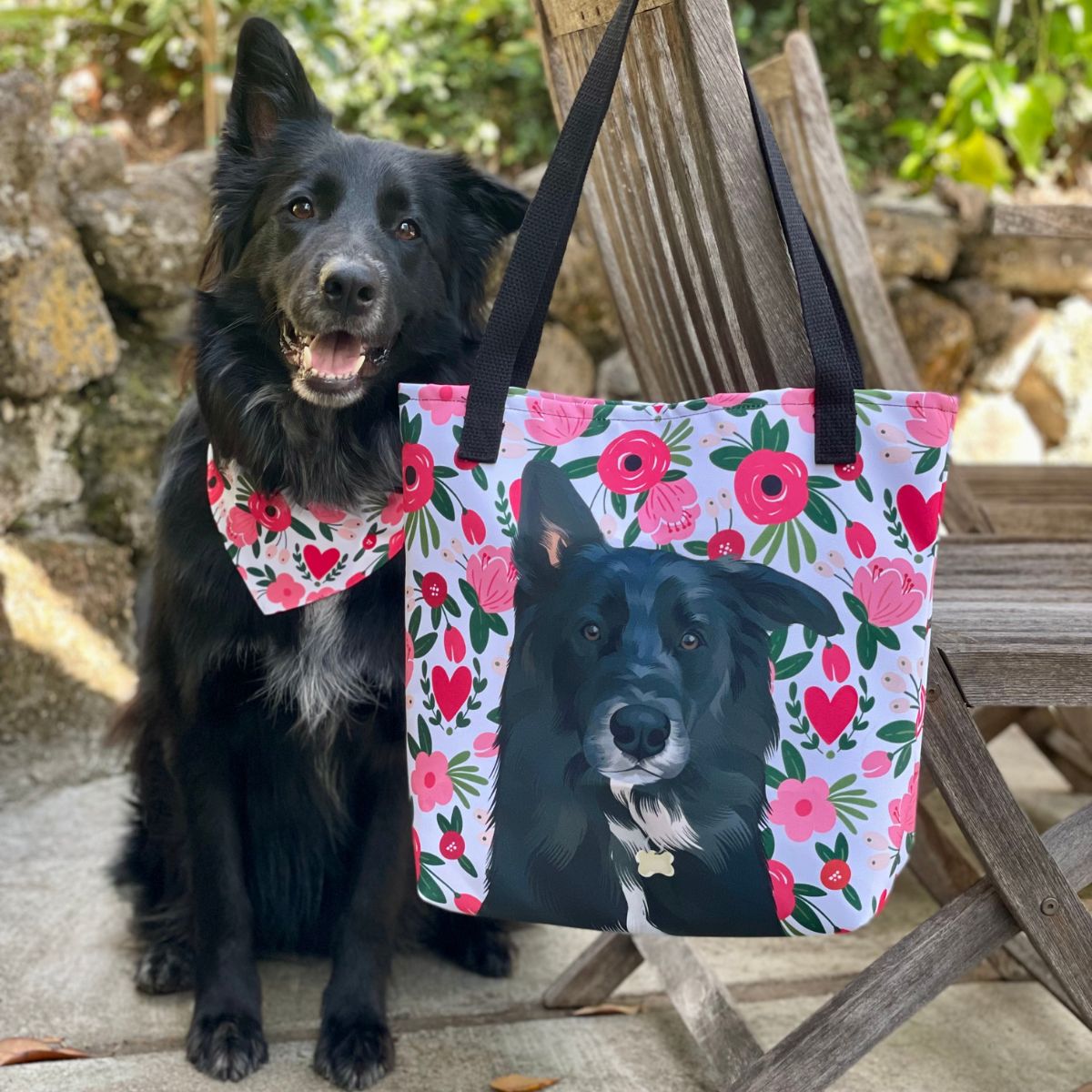 Custom Pet Portrait Tote Bag and Matching Dog Bandana - Hearts