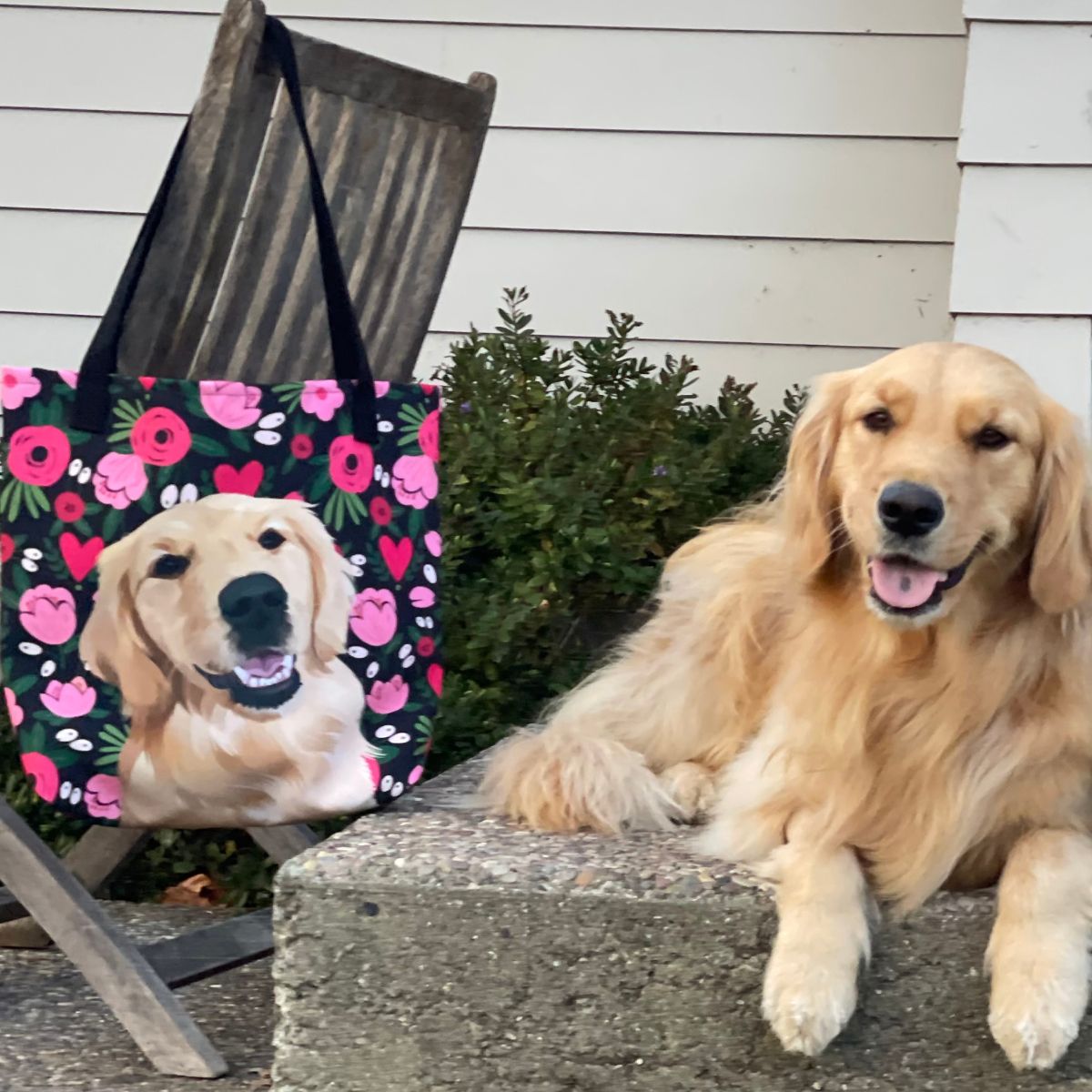 Custom Pet Portrait Tote Bag and Matching Dog Bandana - Hearts