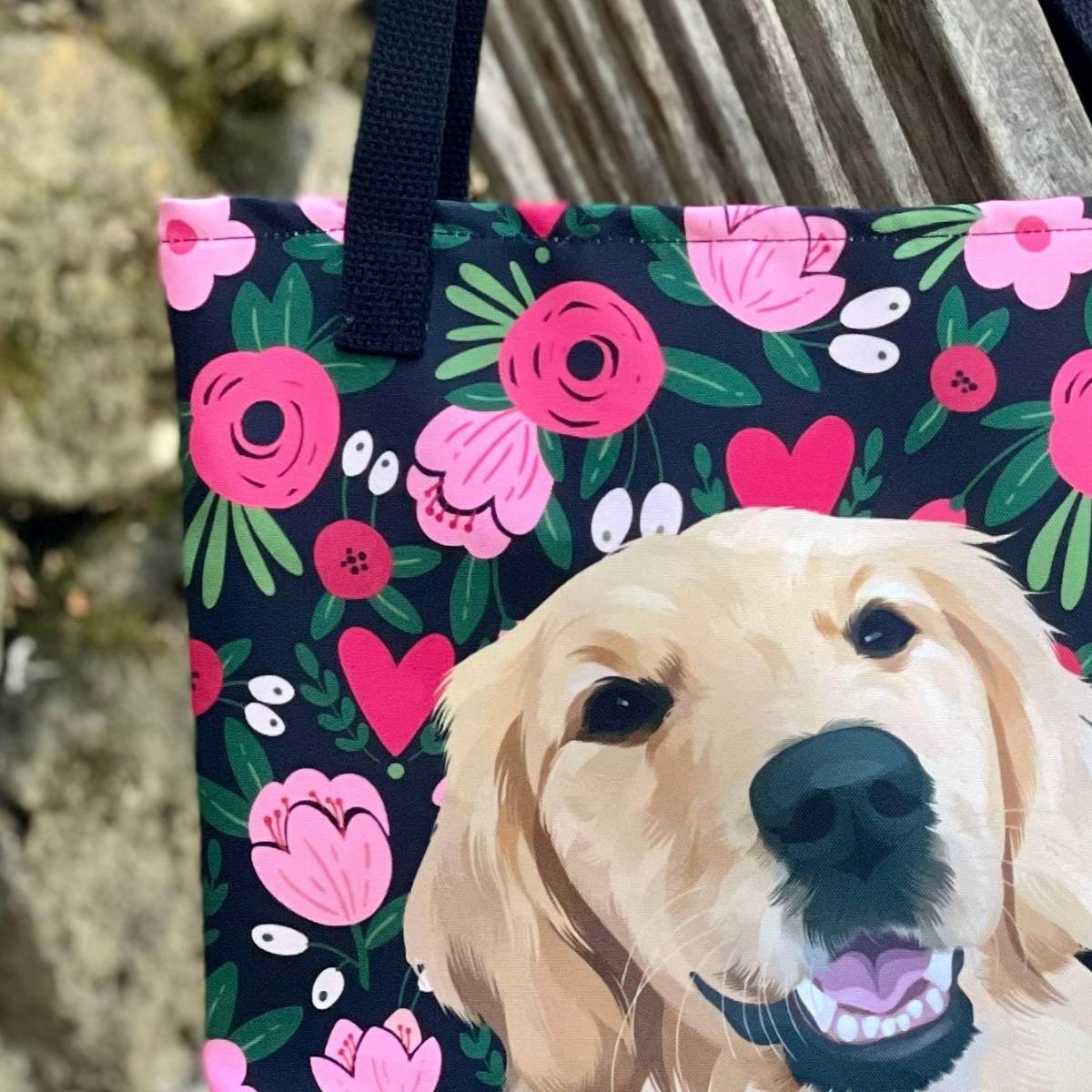 Custom Pet Portrait Tote Bag and Matching Dog Bandana - Hearts