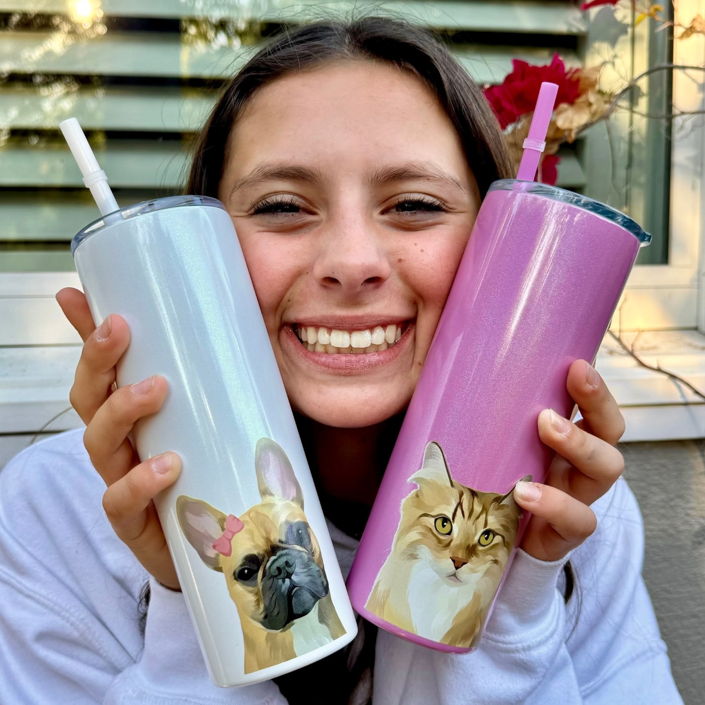 Custom Pet Portrait Skinny Glitter Tumbler - NEW!