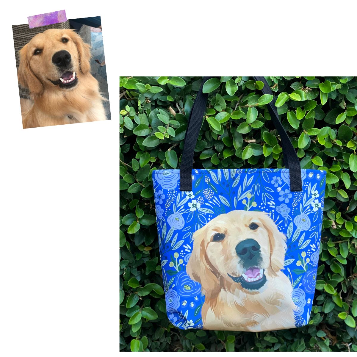 Custom Pet Portrait Tote Bag and Matching Dog Bandana - Floral