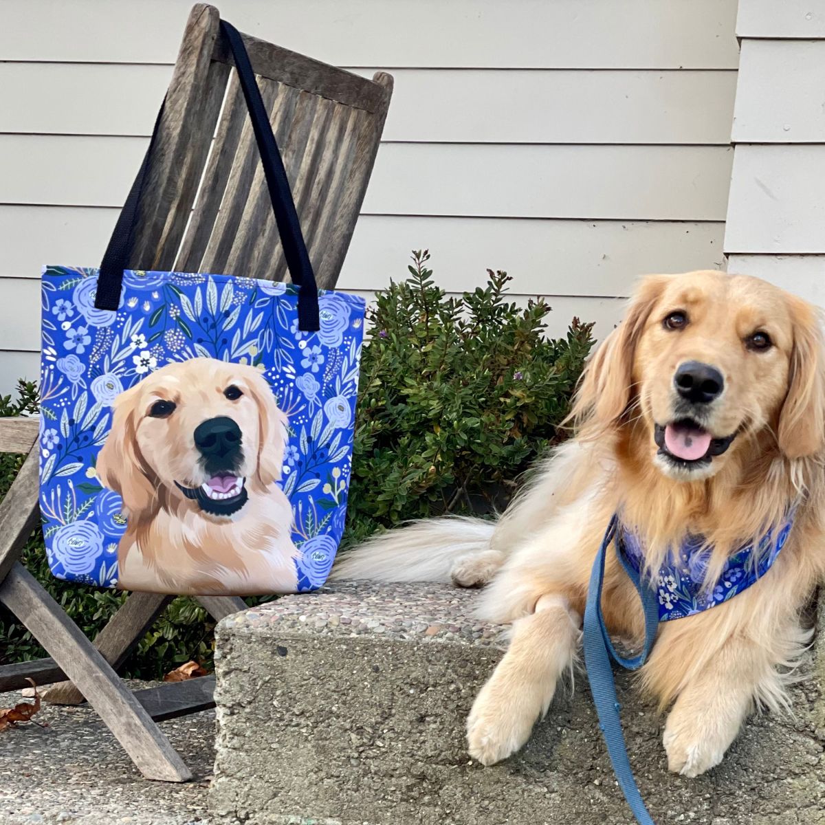 Custom Pet Portrait Tote Bag and Matching Dog Bandana - Floral