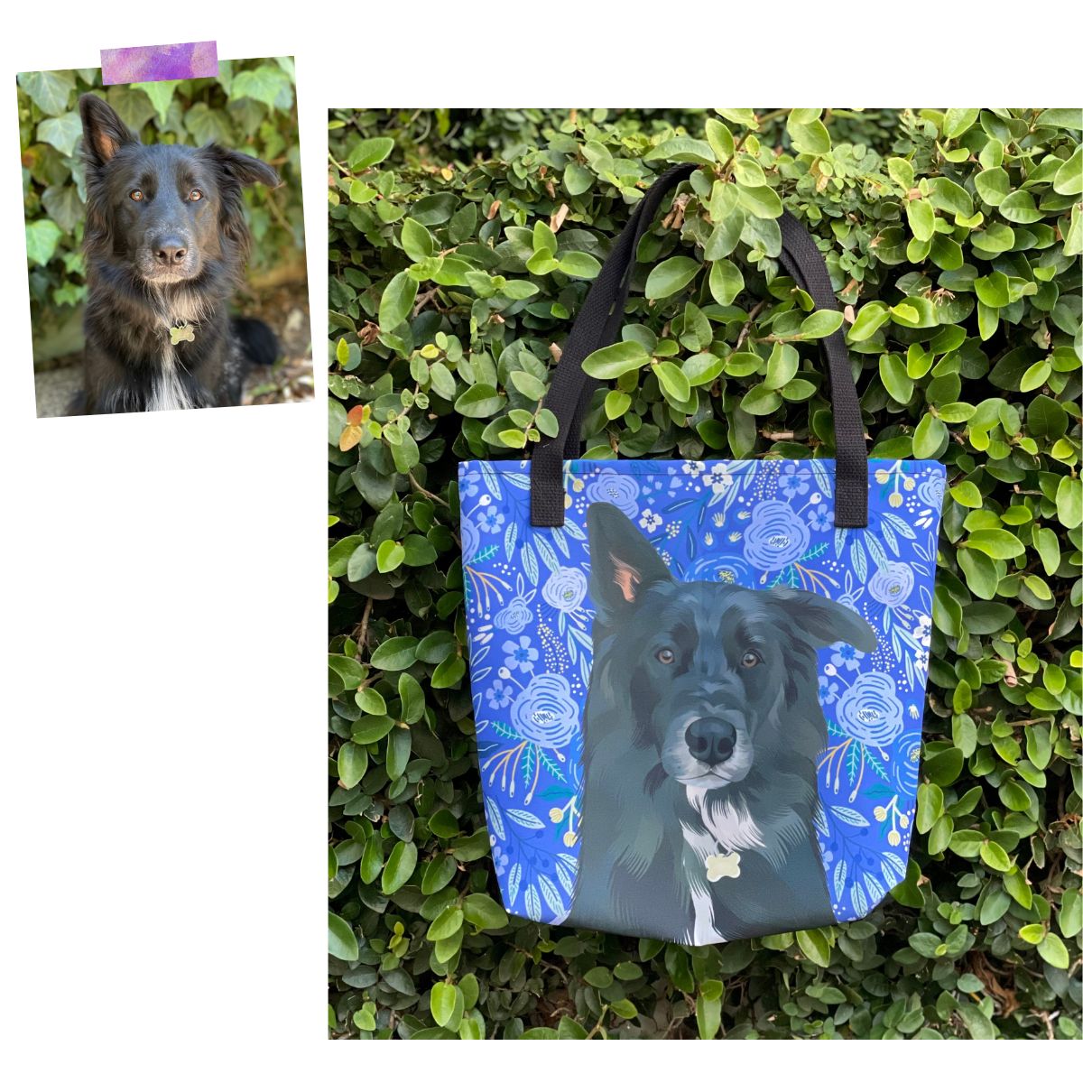 Custom Pet Portrait Tote Bag and Matching Dog Bandana - Floral