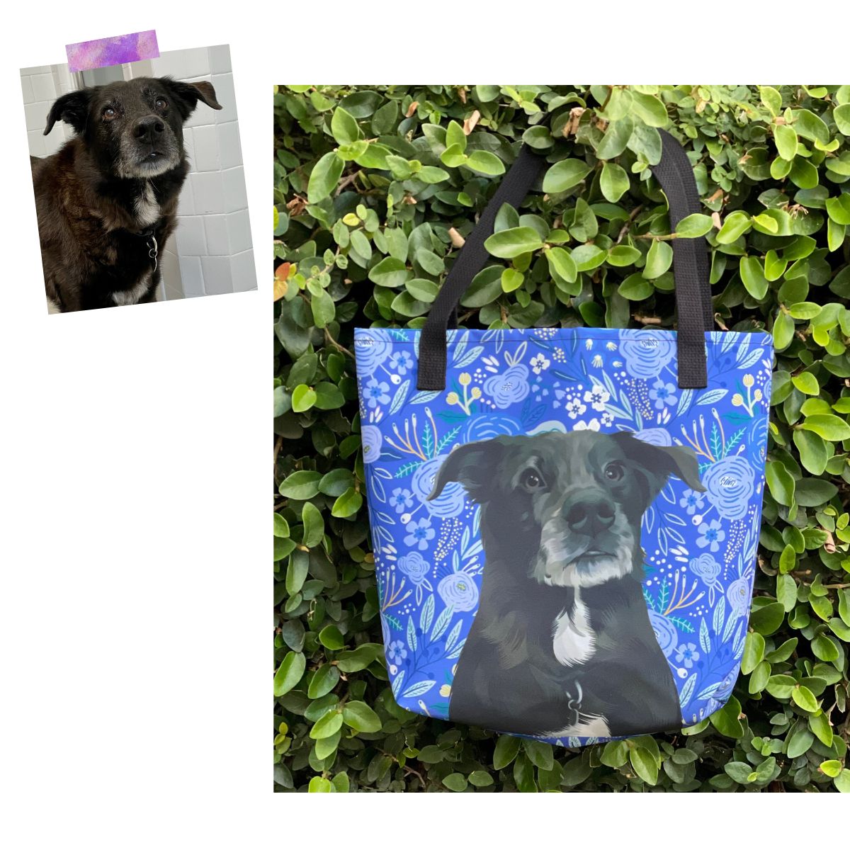 Custom Pet Portrait Tote Bag and Matching Dog Bandana - Floral