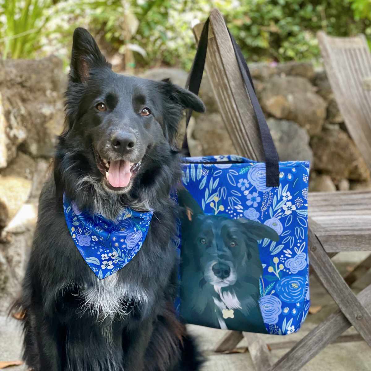 Custom Pet Portrait Tote Bag and Matching Dog Bandana - Floral