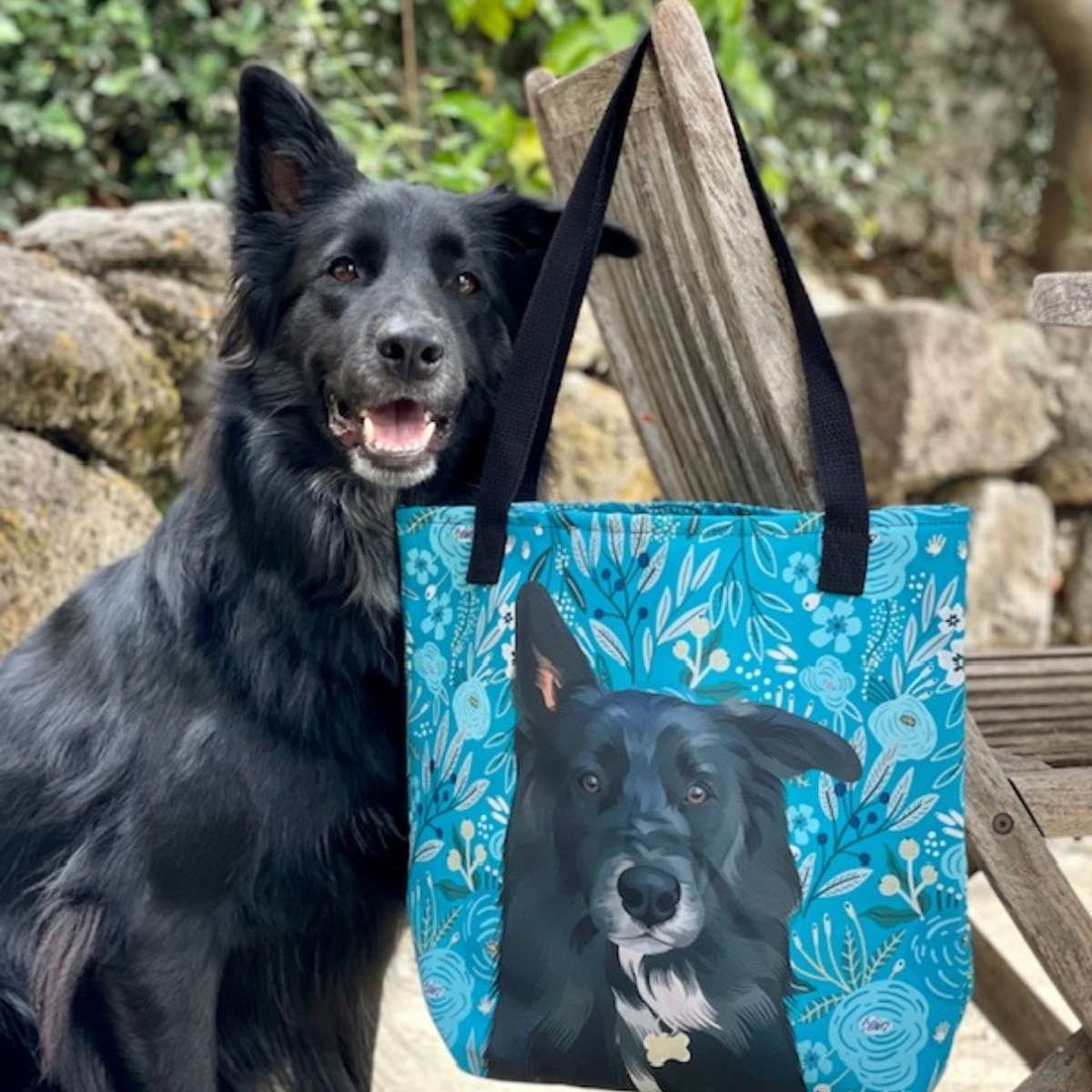 Custom Pet Portrait Tote Bag and Matching Dog Bandana - Floral