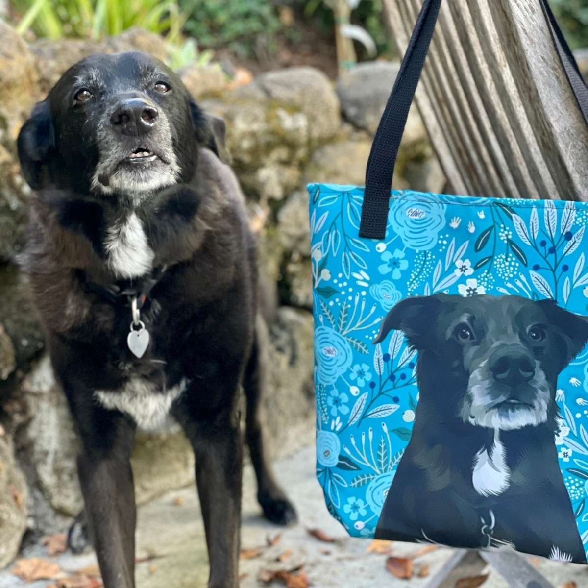 Custom Pet Portrait Tote Bag and Matching Dog Bandana - Floral